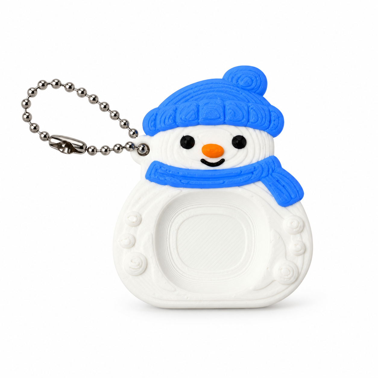Worry Stone Pupazzo di Neve AIRA bianca con cappello e sciarpa azzurri, incavo per il pollice e catenella.