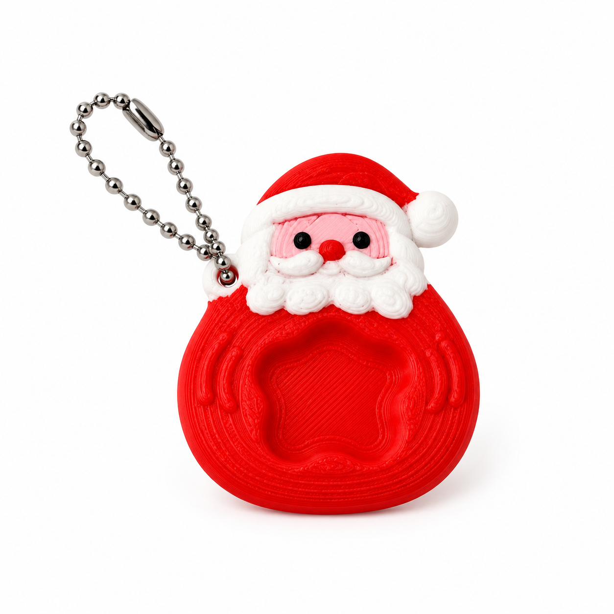 Worry Stone Babbo Natale AIRA rossa con barba bianca, incavo sensoriale a forma di stella e catenella.