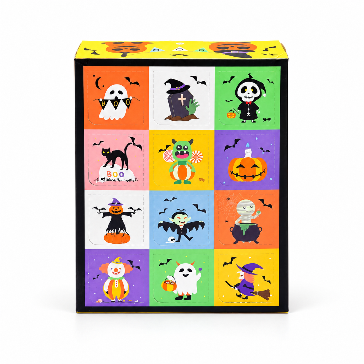Scatola Halloween Surprise Box con 12 finestrelle illustrate su sfondo bianco